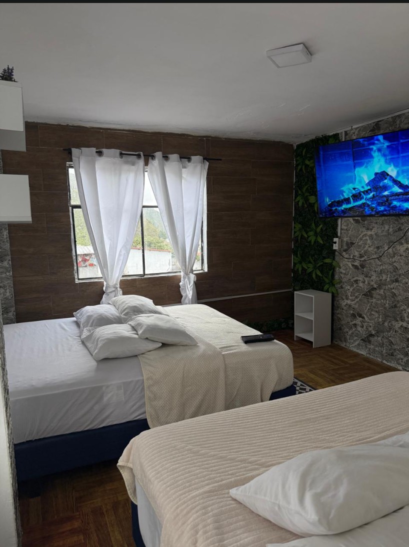 Habitación familiar con chimenea de pantalla y muro verde